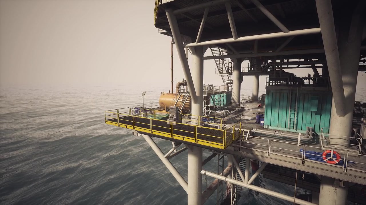 Oil rig platform stands firmly in calm waters during late afternoon