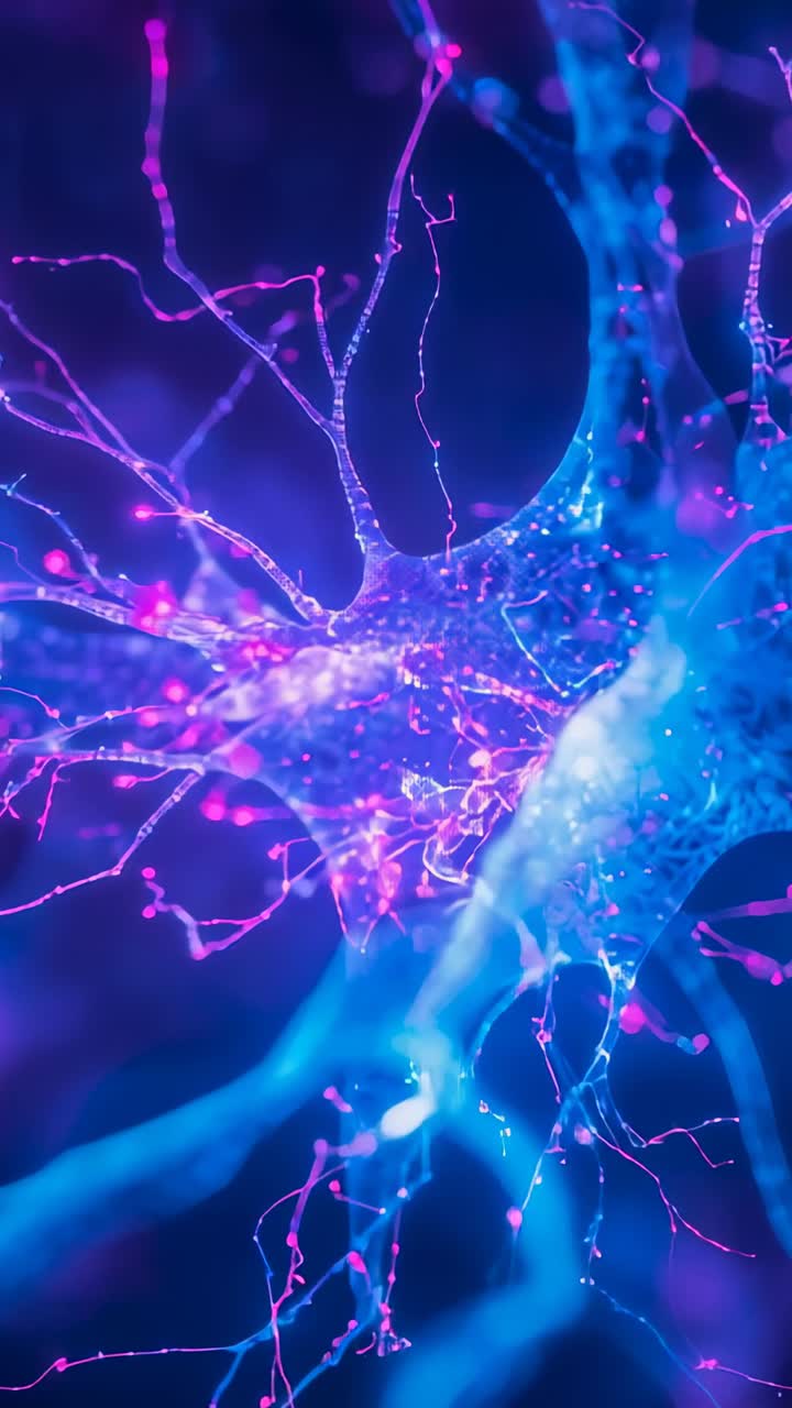 Vertical video: Initiating pulsing pink lights moving through filaments in dark void creating bokeh