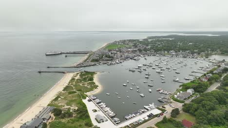 wide establishing aerial of the oak bluffs marina in massachusetts