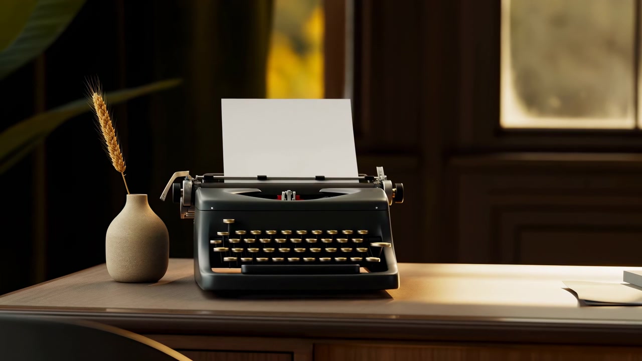 Typewriter stationary, in desk with papers and inkwell, with typewriter, papers, inkwell, with wooden desk, paper, metal typewriter texture, from a side view perspective, with brown, white accents.