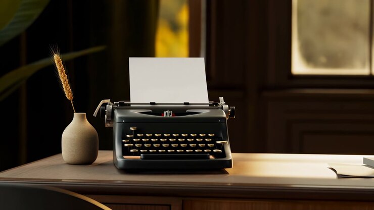 Typewriter stationary, in desk with papers and inkwell, with typewriter, papers, inkwell, with wooden desk, paper, metal typewriter texture, from a side view perspective, with brown, white accents.