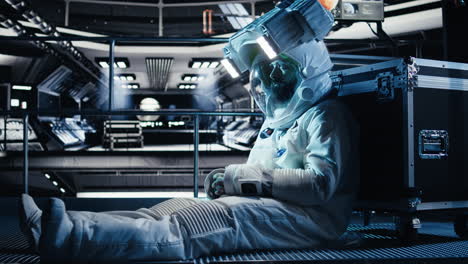 exhausted astronaut falling asleep in starship during long distance flight