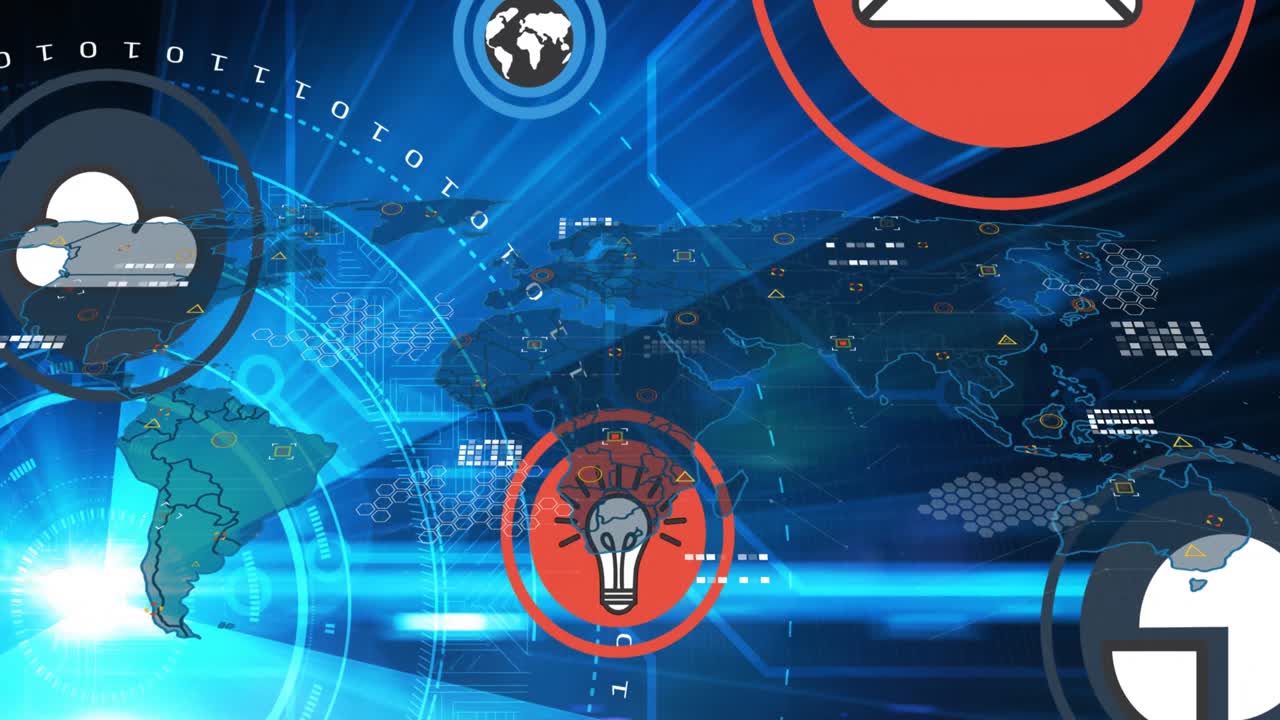 파란색 배경 위의 세계 지도와 기술 아이콘의 애니메이션