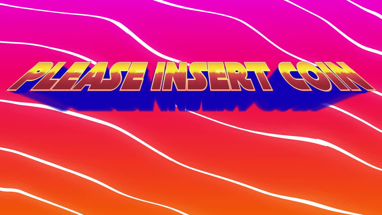 Insert coin text over vibrant pink and orange wavy background with animation