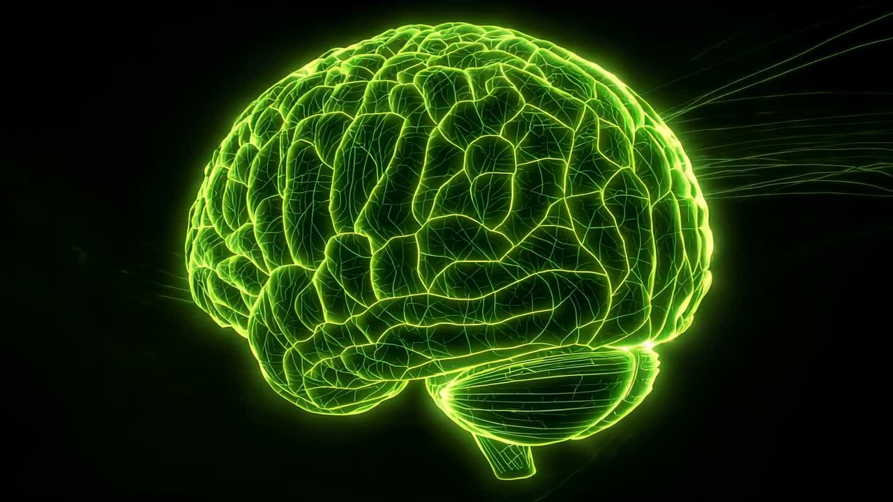 Rotating neon green wireframe brain revealing neural pathways in dark void, pulsing energy streams