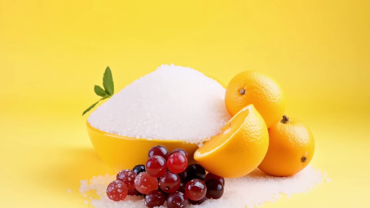 Citric acid and sugar in a yellow bowl forming a healthy diet with lemon, orange and grapes on a yellow background representing a natural and organic way of eating