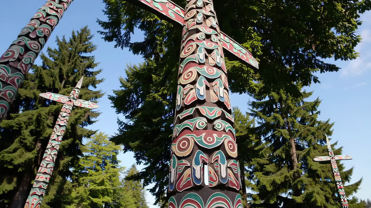 Close-up of Colorful Totem Pole Carvings