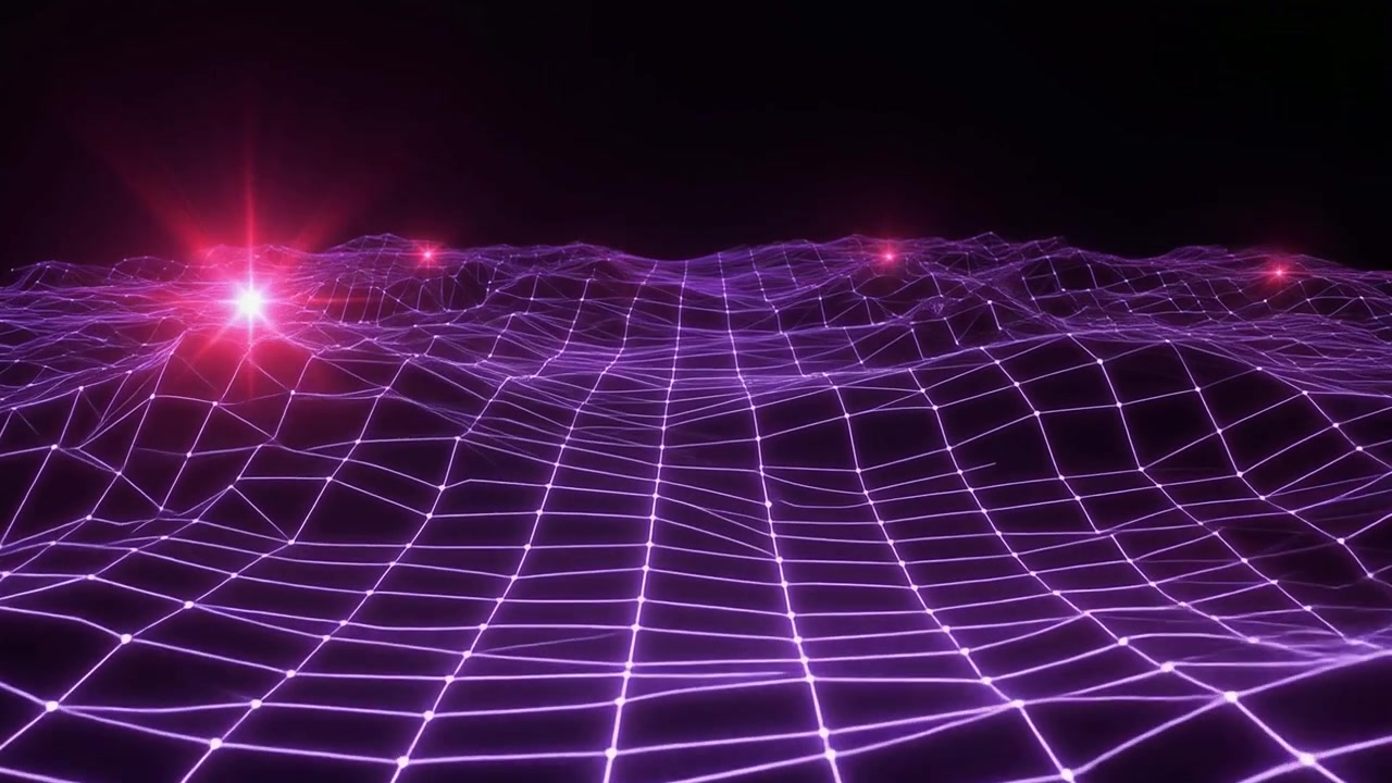 Griglia digitale astratta con linee viola ondulate e luci brillanti