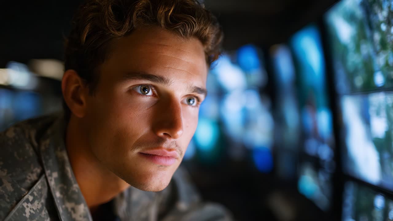 A contemplative soldier engages in deep thought while observing multiple screens showcasing strategic information in a military command center, highlighting the importance of decision-making in critical situations