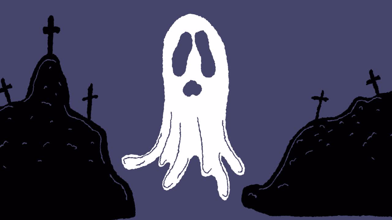 animación de fantasma sobre el cementerio sobre fondo púrpura
