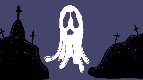 animatie van een spook over een begraafplaats op een paarse achtergrond