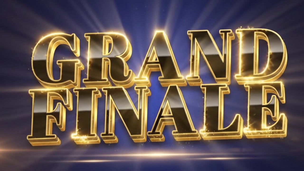 Grand finale kampanjetekstanimasjon med elegante gullbokstaver og lysglimt.