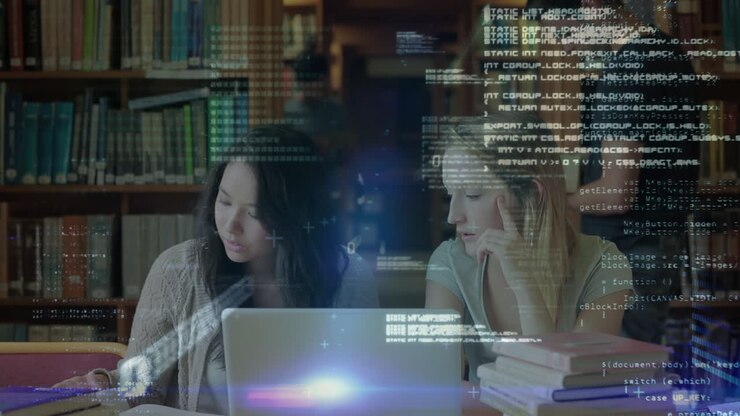 Animatie van gegevensverwerking met diverse studenten in de bibliotheek