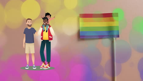 family with child animation over rainbow flag and colorful bokeh background