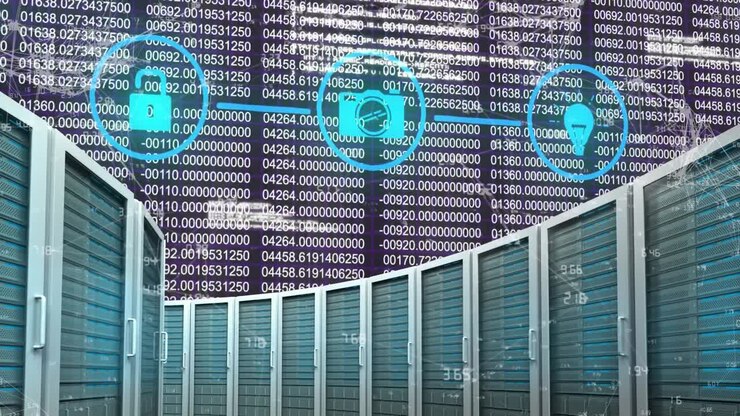 Network of connection icons against multiple server