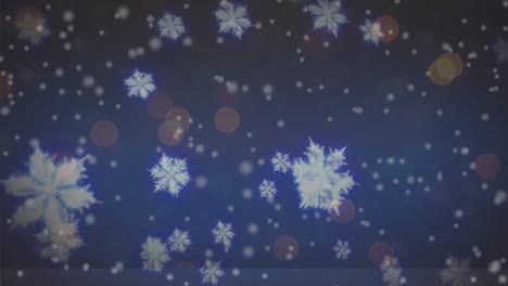Animation-of-snow-falling-over-lights-blurred-on-blue-background
