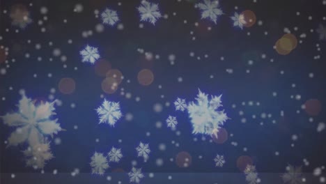 animación de nieve cayendo sobre luces borrosas en un fondo azul