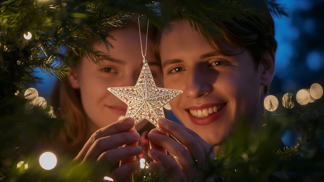 Spotting hanging star ornament, pair in coats placing and angling on lit fir tree sharing joy