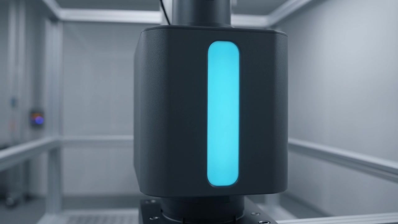 Máquina Robótica Industrial con Luz Azul Brillante en Sala Limpia