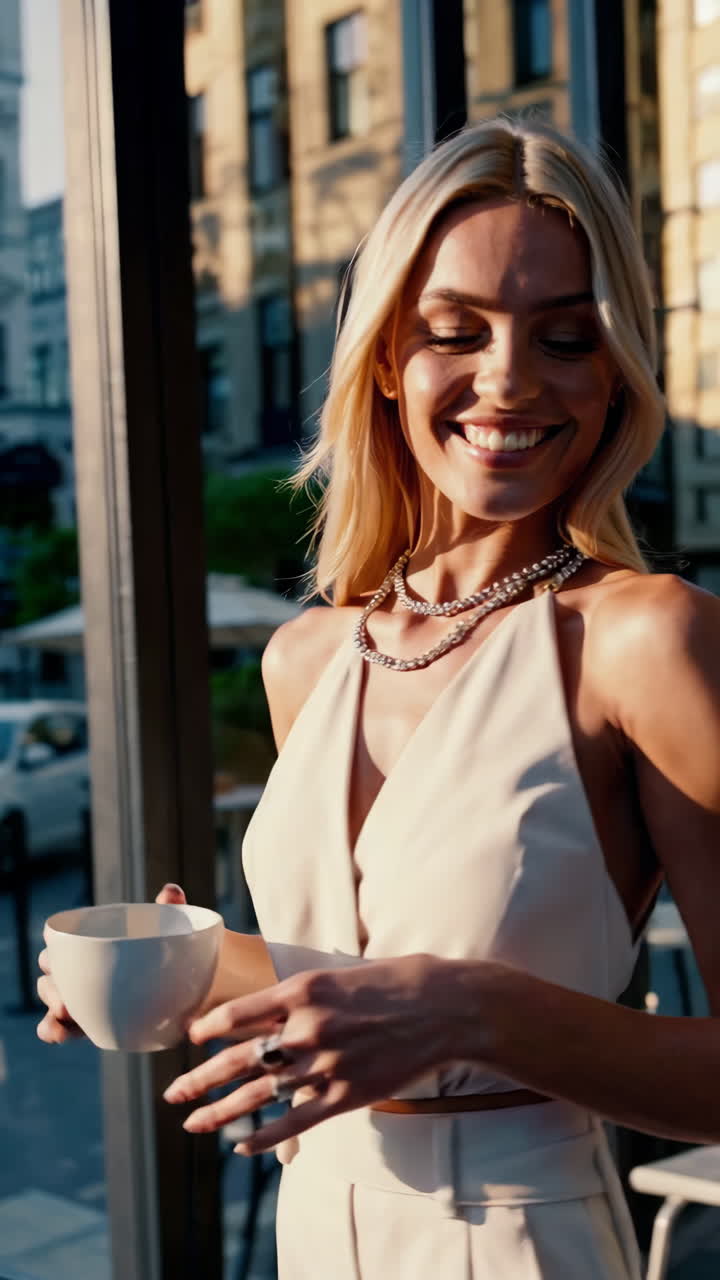 Donna Elegante che si Gode un Caffè all'Aperto