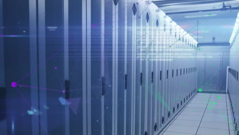 animation of network of connections and data processing over server room