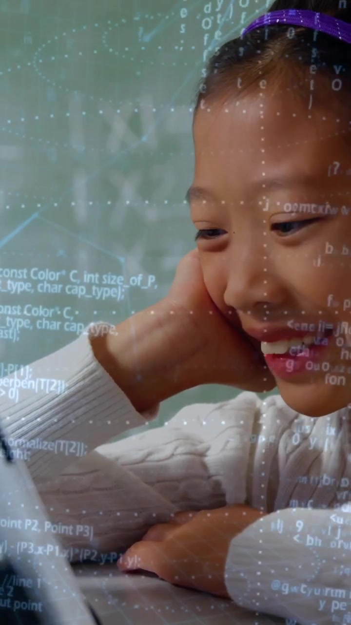 Programming code animation over young girl using tablet at desk