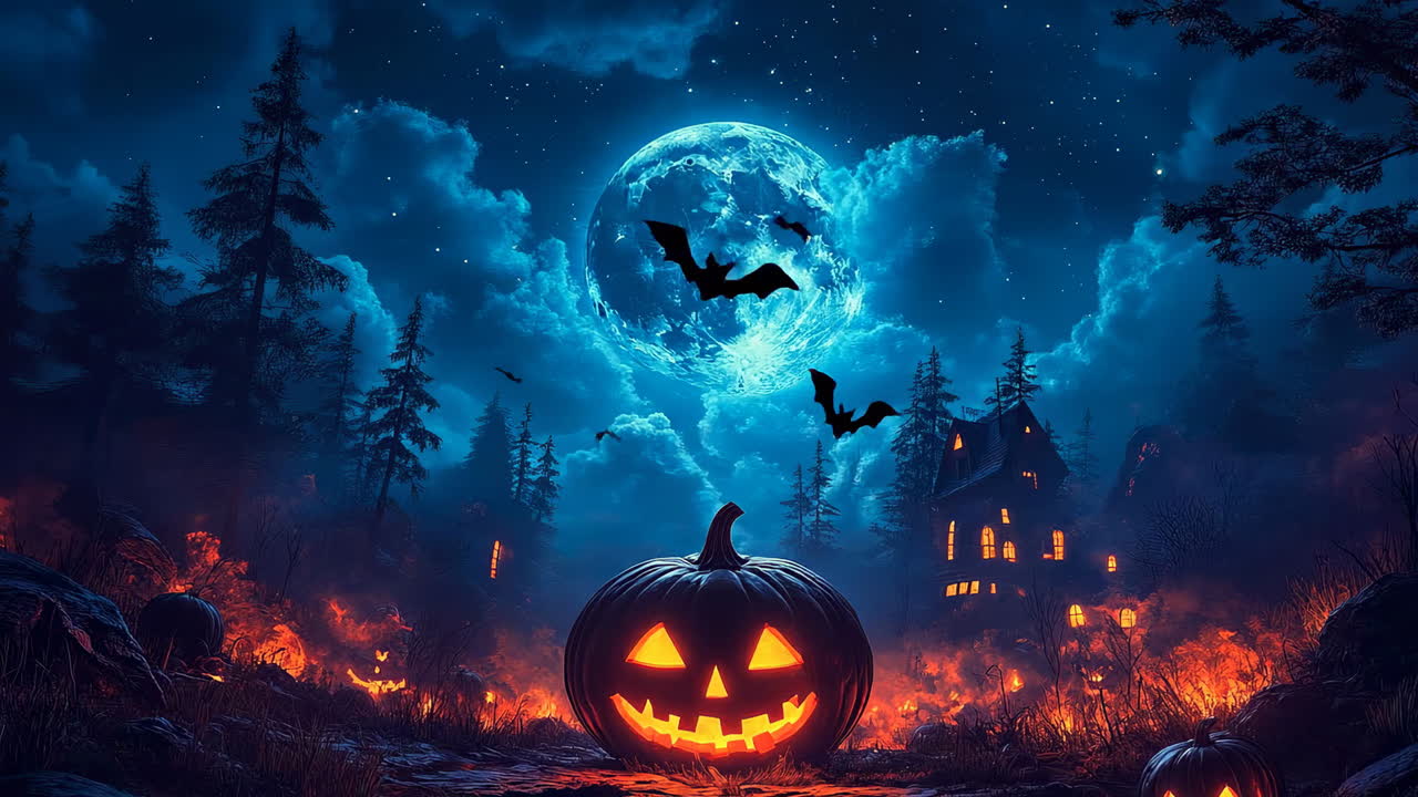 Glow-in-the-dark pumpkins. On Halloween night, a carved pumpkin glows in the dark, surrounded by foggy woods and a bright moon in the background