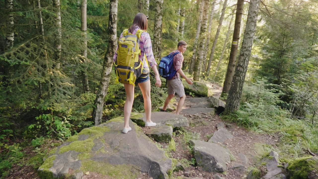 배낭을 메고 있는 젊은 관광객들이 숲의 오솔길을 따라 걷는다