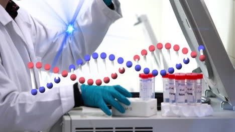 animación de la hélice de adn sobre un investigador caucásico colocando tubos de ensayo en un instrumento de laboratorio