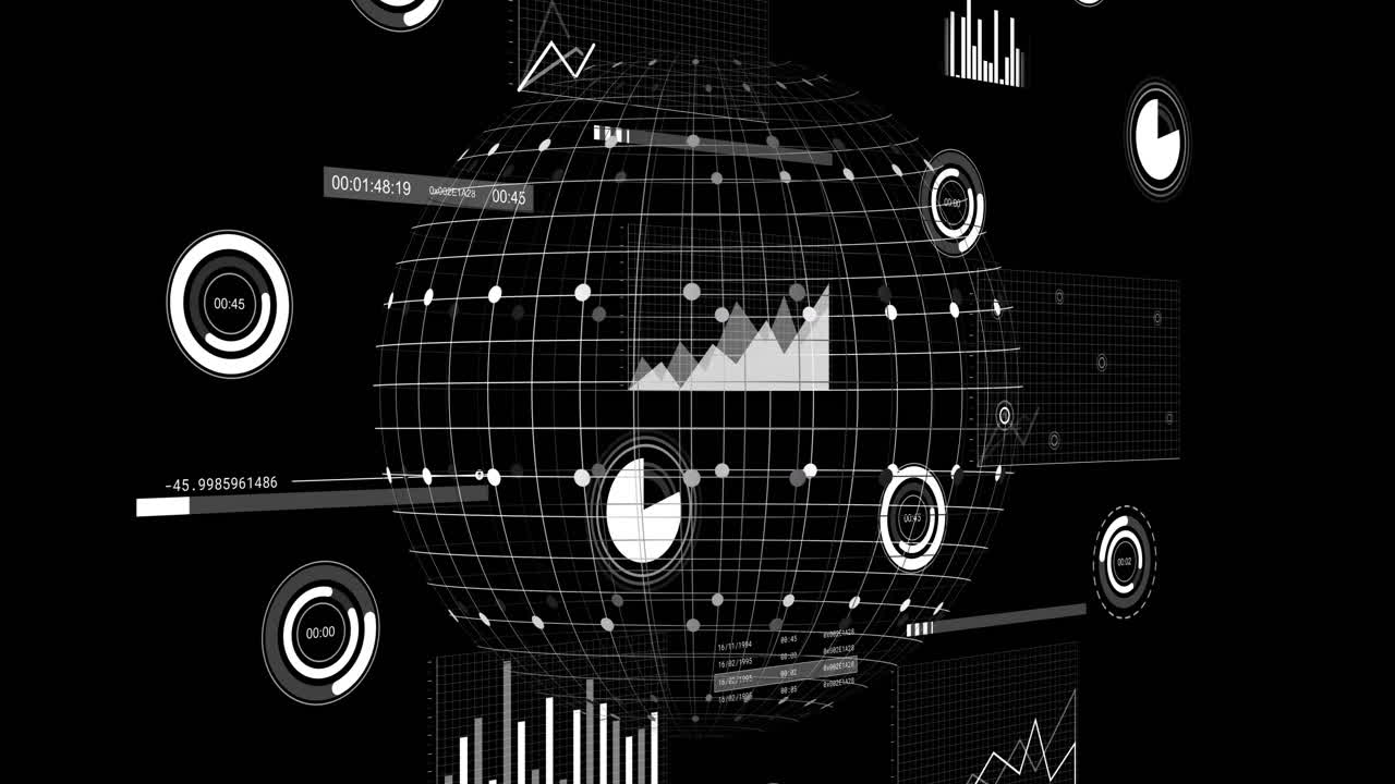 Animation of financial data processing and globe over black background