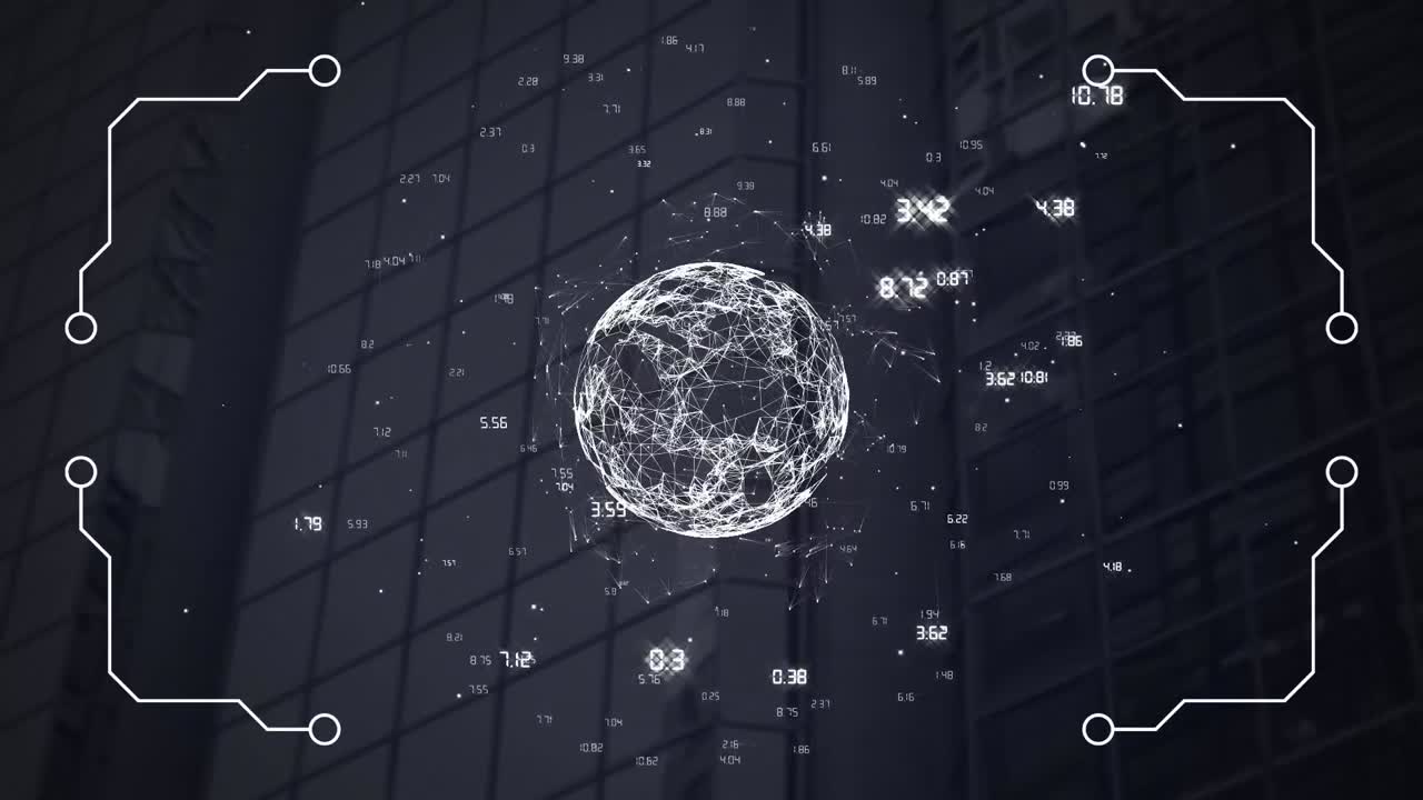 Data processing and globe of network of connections against tall building