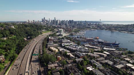 High-aerial-view-of-Seattle,-Washington-and-Lake-Union,-4K