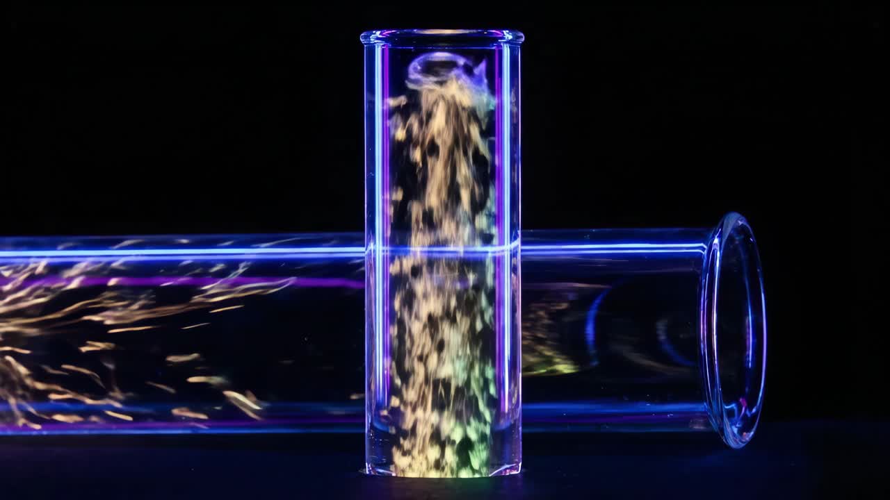 Colorful Particles Flowing into a Glass Test Tube