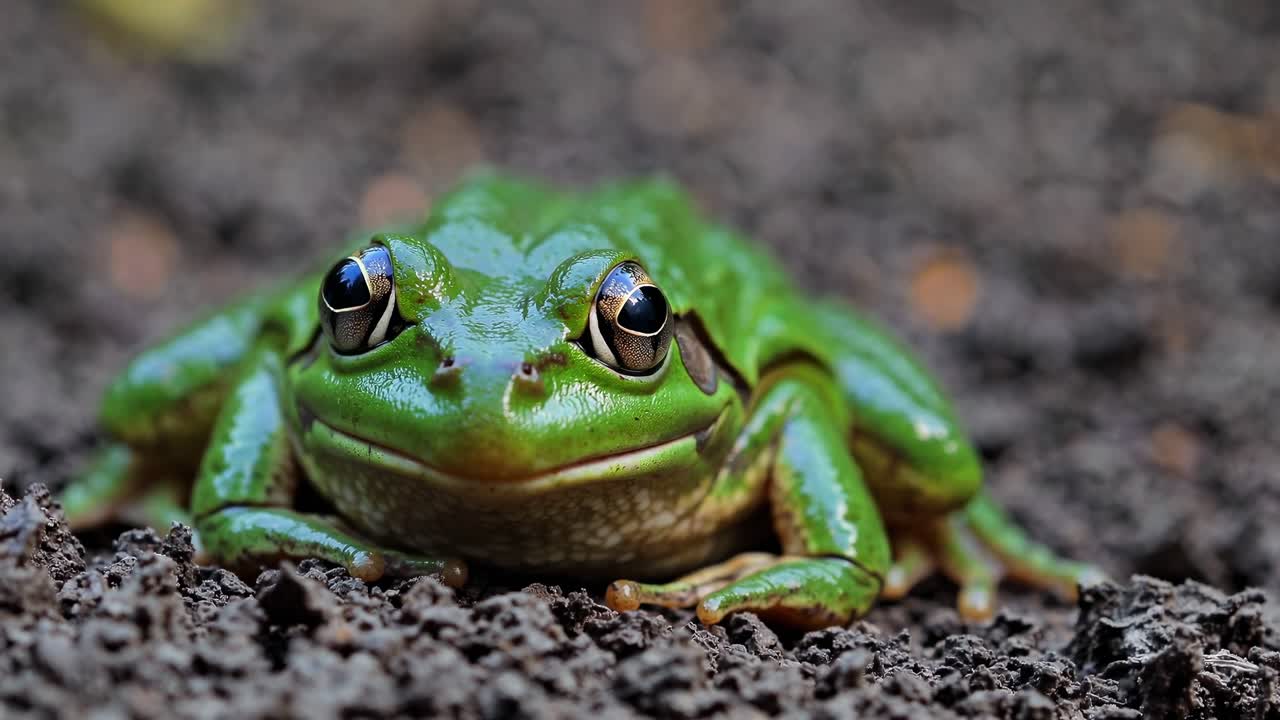 Close up of a vibrant green frog resting peacefully on the damp earth, its smooth skin glistening in soft light, creating a serene and captivating scene of wildlife tranquility