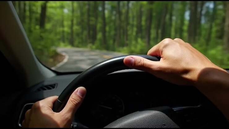 Mani del conducente sul volante mentre guida su una strada forestale
