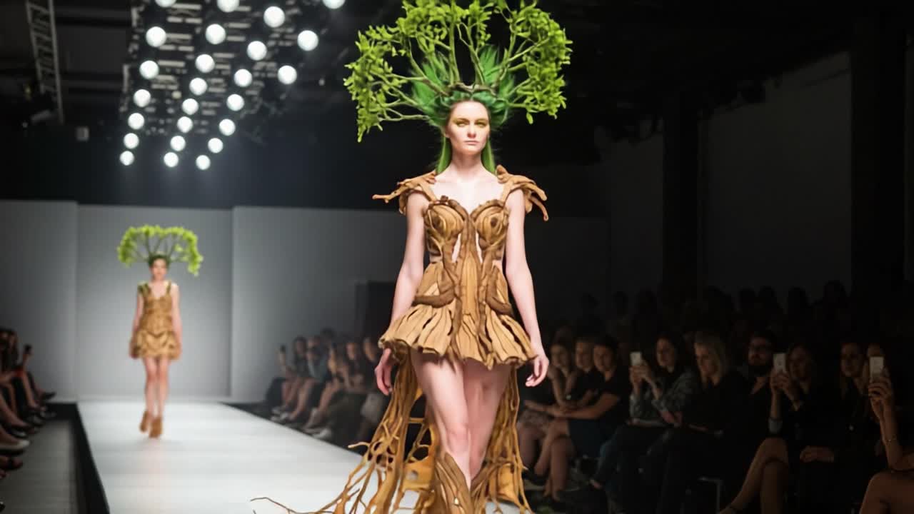 A Stunning Display of Eco-Fashion: Model Walks the Runway in a Unique Tree-Inspired Design Featuring Natural Materials and Creative Environmental Themes