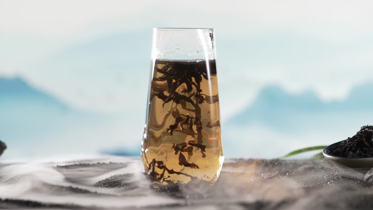 Refreshing Healthy drink Tranquil Tea still life film food culture Moment: Aromatic Herbal Infusion with Mountain View, nature backdrop
