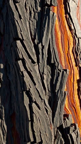 close-up of tree bark with orange and red lines
