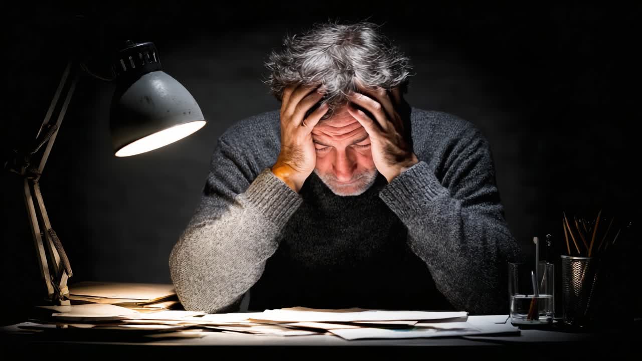 Un Uomo in Profonda Riflessione: Catturando l'Emozione della Lotta e dell'Ansia in uno Spazio di Lavoro Poco Illuminato Circondato da Carte e Luce