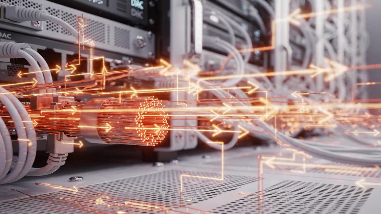Advanced Network Infrastructure with High-Speed Data Cables Interconnected in a Cutting-Edge Server Room Demonstrating Robust Technology and Connectivity Solutions