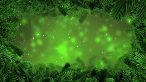 animation of christmas fir tree branches and snow falling on green background