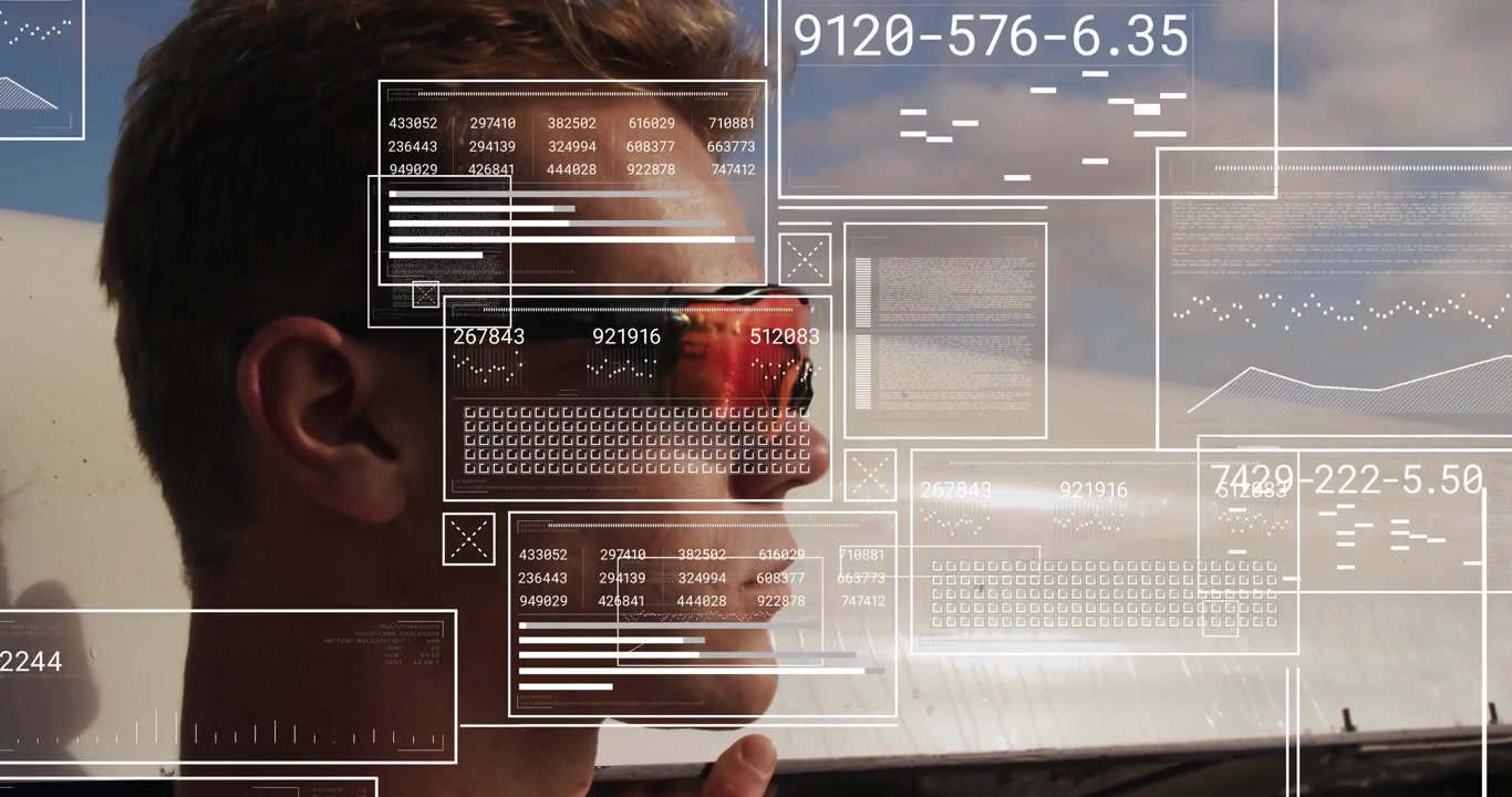 Man gazing by plane, HUD overlaying face on startup, displaying graphs monitoring flight data