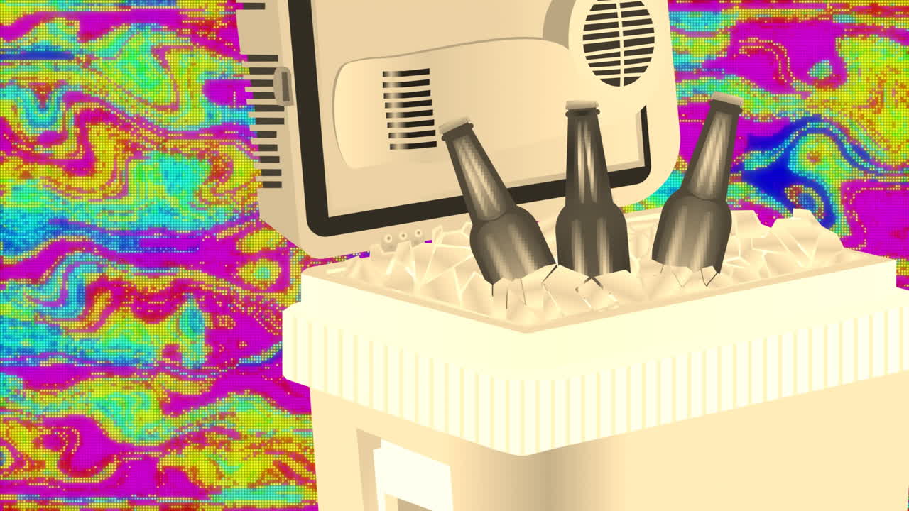 Computer monitor with beer bottles in ice, colorful psychedelic animation background