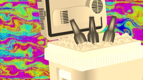 computer monitor with beer bottles in ice, colorful psychedelic animation background
