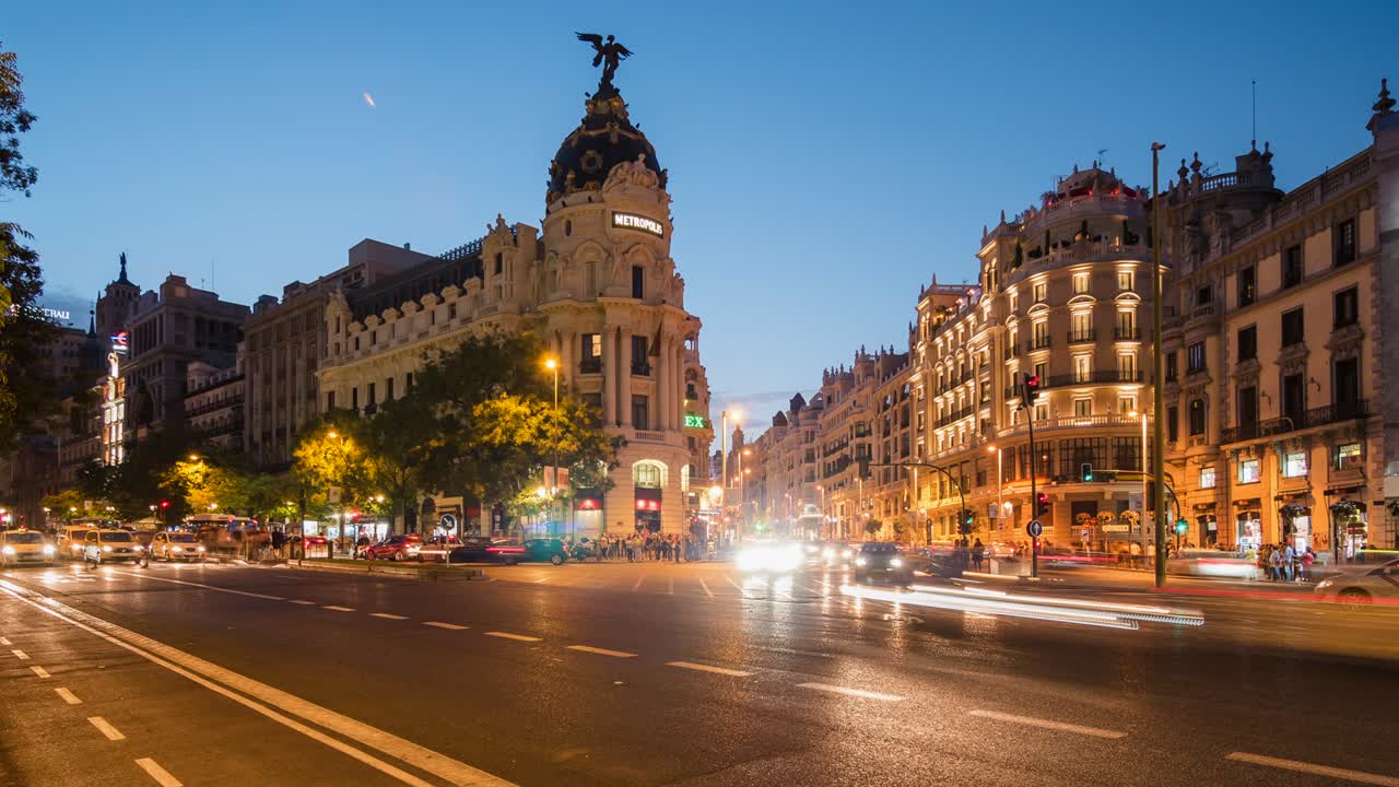 Timelapse View of Rush Hour Traffic on Famous Gran Via Street in Central Madrid, the Capital and Largest City of Spain