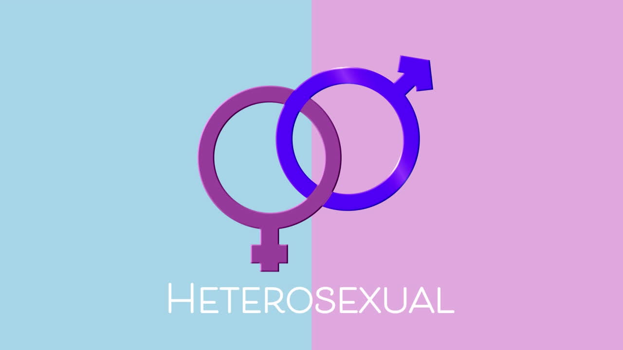 animación de texto heterosexual y símbolos de género femenino y masculino en rosa y púrpura, en azul