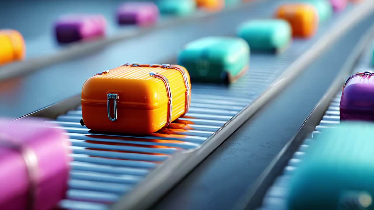 A Collection of Colorful Luggage Traversing a Conveyor Belt, Showcasing an Array of Stylish Suitcases in Various Colors and Designs as They Move Along the Airport Terminal