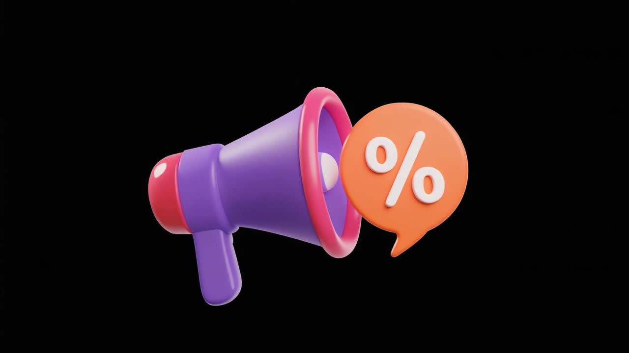 Megafono 3D con simbolo di percentuale per promozione sconti