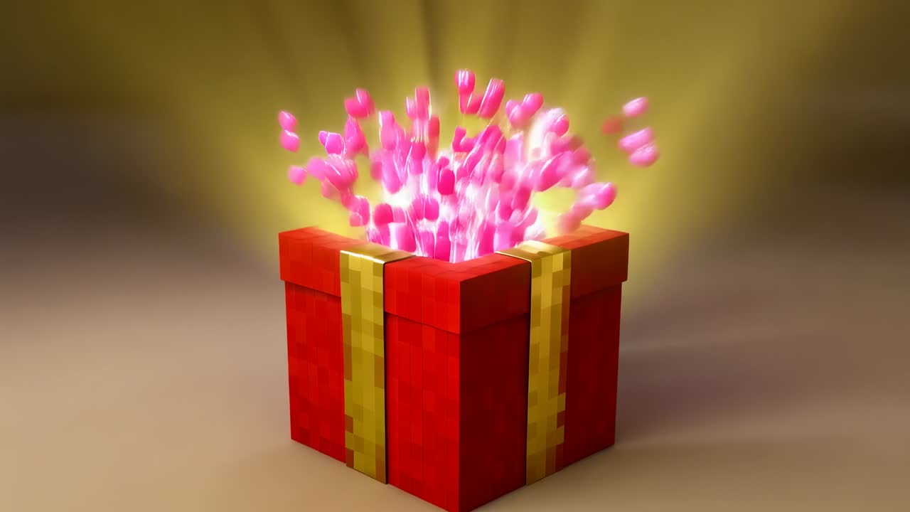 Coperchio che si solleva da una scatola rossa con nastro dorato, bagliore dorato che si riversa, cuori pixel che eruttano in studio
