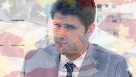animación de las banderas de los estados unidos sobre el empresario caucásico